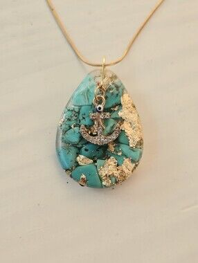 Turquoise Stone Teardrop Pendant Anchor Charm Necklace 18k GP Snake Chain